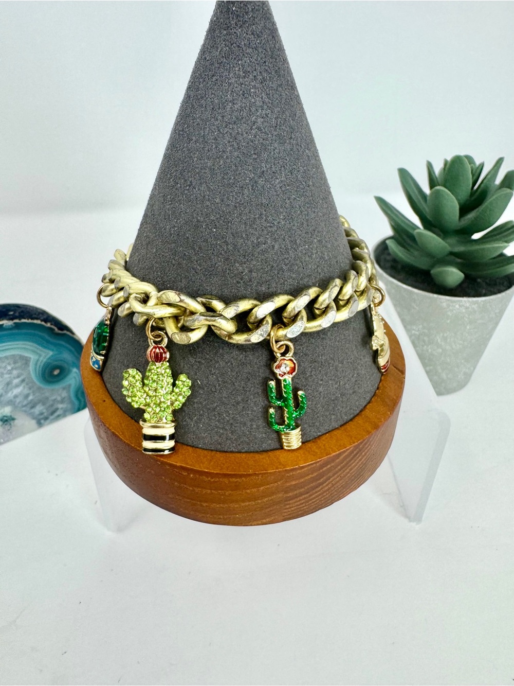 Gold Chain Charm Bracelet with Green Cactus Charms